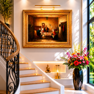 Belle huile sur toile ancienne signée – Scène d'intérieur d'inspiration flamande