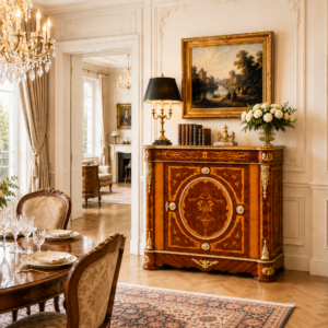 Superbe commode de style Louis XVI en marqueterie – Marbre et bronzes dorés