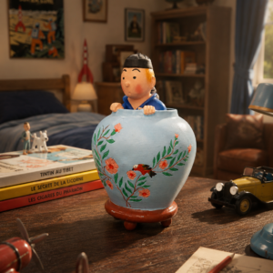 Tintin et Bobby dans un vase chinois – Résine décorative – Le Lotus Bleu