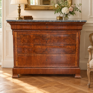 Commode d’époque Louis-Philippe en placage de noyer et marbre veiné