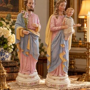 Paire de grandes statues religieuses anciennes – Vierge à l’Enfant et Saint Joseph au lys – Allemagne